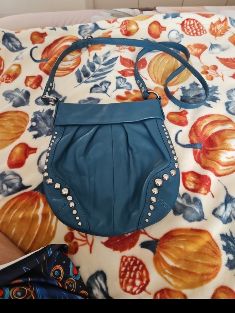 B Makowski Blue Leather Studded Crossbody Bag. Brown Leopard Inside Like New